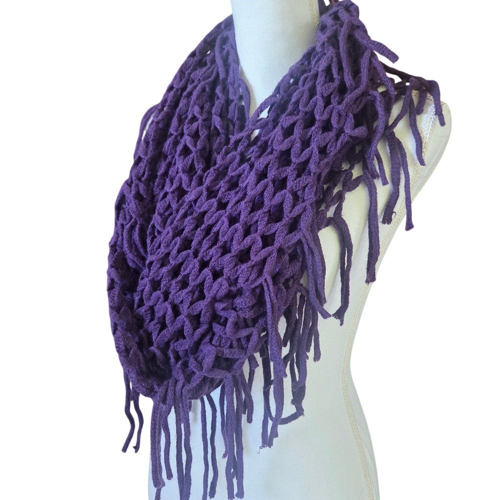 Steve Madden Witchy Whimsical Goth‎ Purple Open Knit Crochet Fringe Shawl Scarf